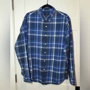 J. Crew Men's Casual Blue and White Plaid Button Up Front Chest Pocket Shirt